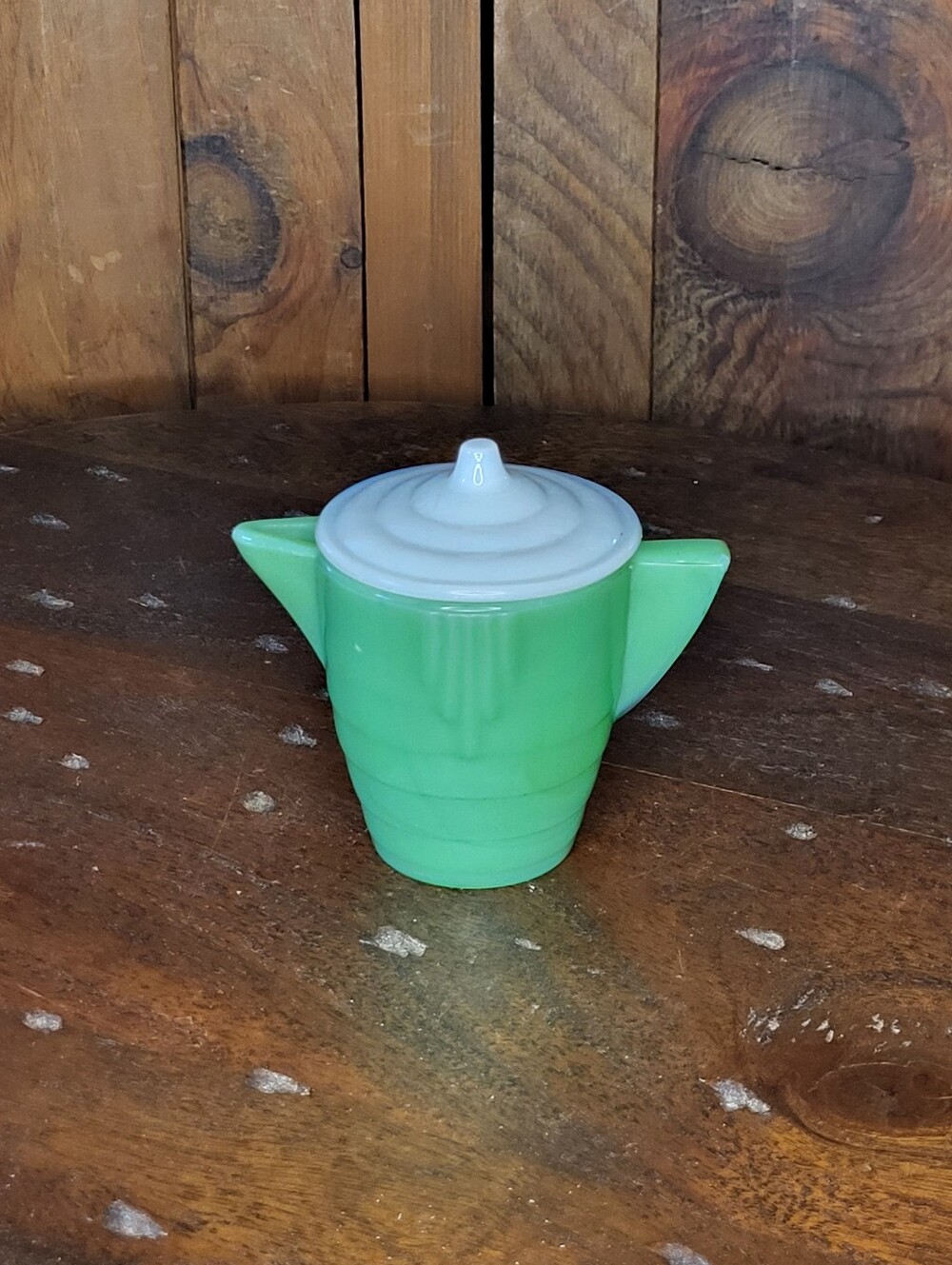 Akro Agate Green with white top slag glass mini pitcher